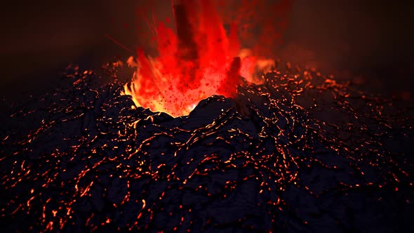 Active volcano eruption. Volcanic crater throws away glowy orange fireballs alt