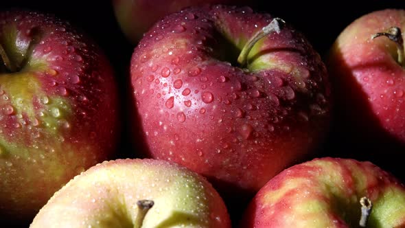 Close-up of a Red-green Apple with Water Droplets Macro Shot. The Apple Rotates Around Its Axis on a alt