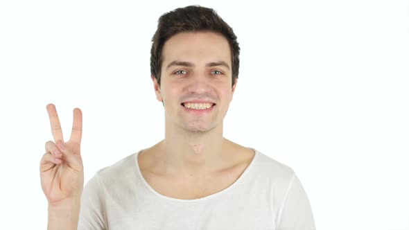 Victory Sign by Handsome Man, White Background alt