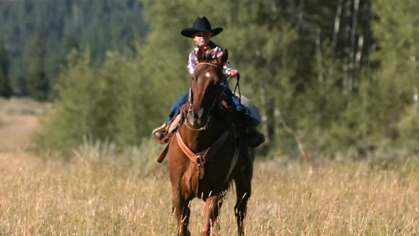Young cowboy riding horse, slow motion alt