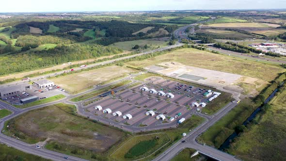 Aerial footage of the Covid-19 drive-through testing site in Leeds West Yorkshire alt