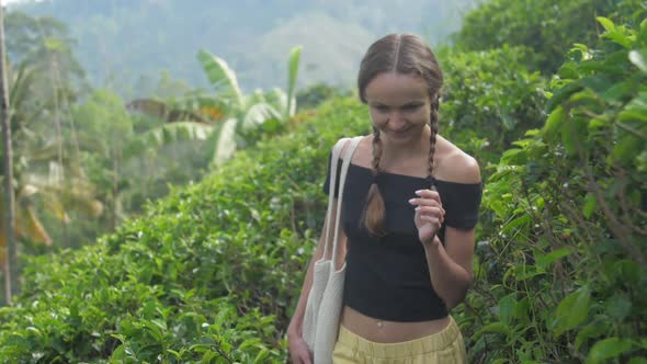 Slim Lady Walks Along Green Highland Tea Plantation alt