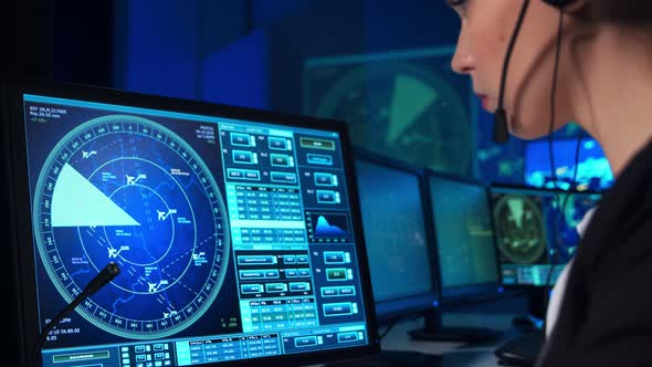 Workplace of the professional air traffic controller in the control tower. alt