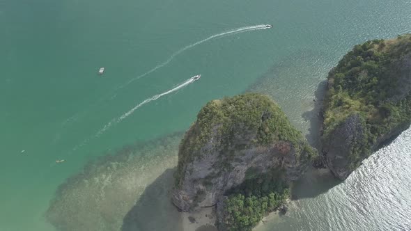 Aerial view of limestone rocks in sea, Phra Nang beach, Krabi Province, coastline Phuket, Thailand. alt