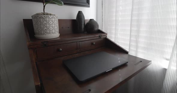 Modern home office with fig plant, decor and mirror with slow and smooth camera push in. alt