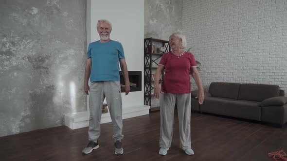 Happy Senior Couple Performing Exercise at Home alt