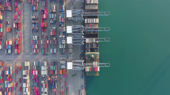 Aerial view port container terminal container ship in import export and business logistic.