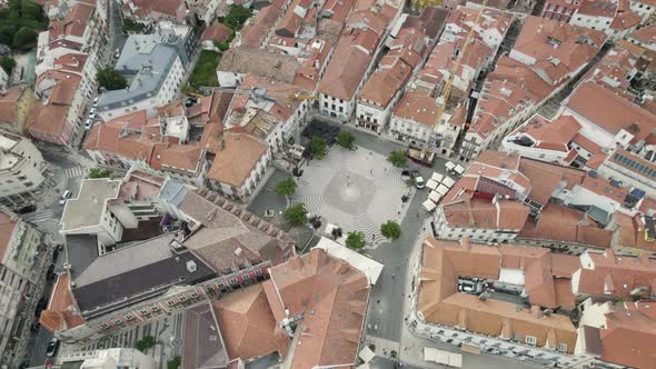 Touristic Praca Francisco Rodrigues Lobo square in Leiria; drone view