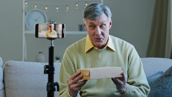 Elderly Vlogger Record Videoblog Online Stream on Social Networks Old Man Conducts Live Broadcast alt