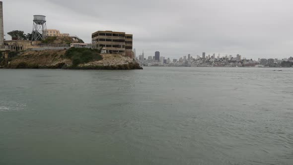 Alcatraz Island in San Francisco Bay, California USA. Federal Prison for Gangsters on Rock, Foggy