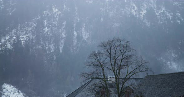 Snowy mountains behind the Lutheran Church alt