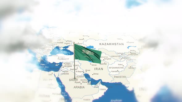Saudi Arabia Map And Flag With Clouds