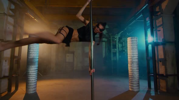Pretty Dancer Jumping Up Near The Pylon. Girl In Black Leather Underwear alt