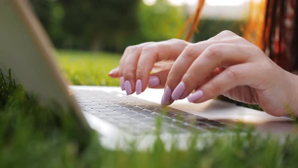 Closeup of Female Hands Typing Text on a Laptop Keyboard in a Park at Sunset
