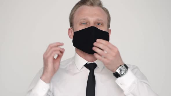 Portrait Formal Bearded Businessman Put on Mask. Stop Covid19. Business Male Wear Protective