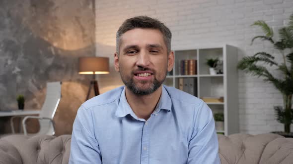 Webcam View Smiling Man Trader Greets Listens Questions Stock Market Investors alt