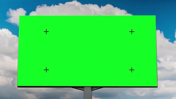 Blank Green Billboard and Moving Clouds Against Blue Sky  Zoom in Timelapse