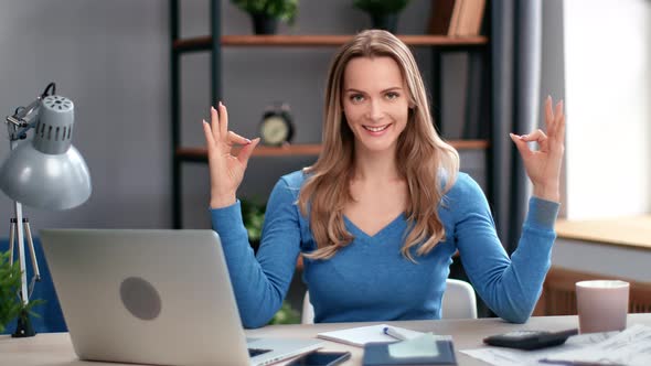 Portrait Happy Relaxation Woman at Desk with Laptop Yoga Mudra Stress Free Position at Home Office alt