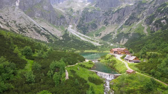 Aerial view of the lake Zelene pleso in the High Tatras in Slovakia alt