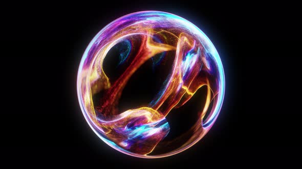 Abstract neon sphere with luminous swirling and glowing particles.