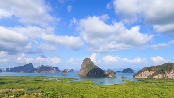 Samet Nangshe viewpoint over Phang-nga Bay panorama scenic, near Phuket, Thailand - Time Lapse