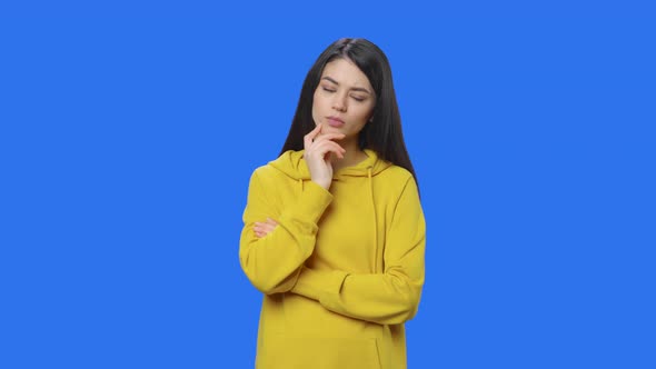 Portrait of Brunette is Thinking About Something Rejoicing an Idea Coming to Her alt