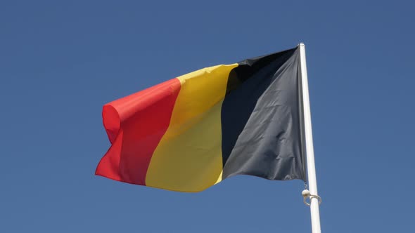 Tricolour Belgium flag against blue sky waving on wind 4K 2160p 30fps UltraHD footage - Shiny fabric