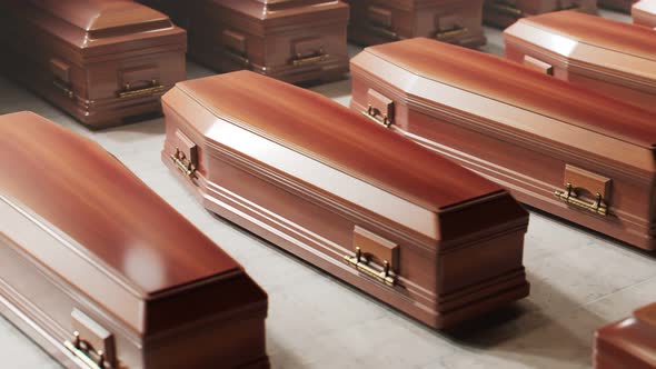Looping animation of countless coffins standing on the floor before a funeral. alt