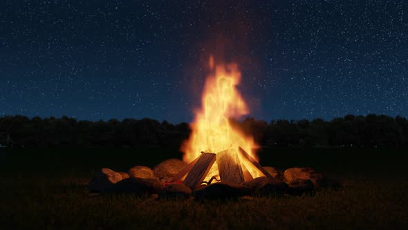 Big Bonfire In Front Of Tree Line And Starry Sky