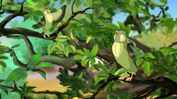 Small green forest birds on a tree branch