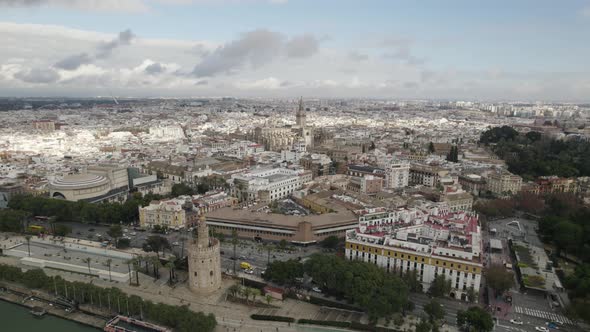 Beautiful panoramic aerial view of the whole city of Seville with the main attractions. Spain