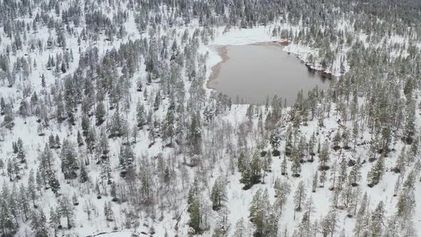 Small Lake Amidst Pine Forest With Snow Ridges At Innlandet County, Dovre Municipality, Norway. Tilt alt