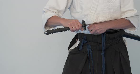 Iaido Master Practice. Martial Arts Demonstration in Dodjo