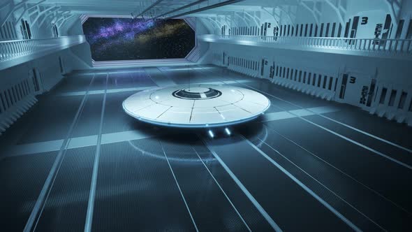 White metal flying saucer standing in a hangar. UFO ready to invade. 4KHD alt