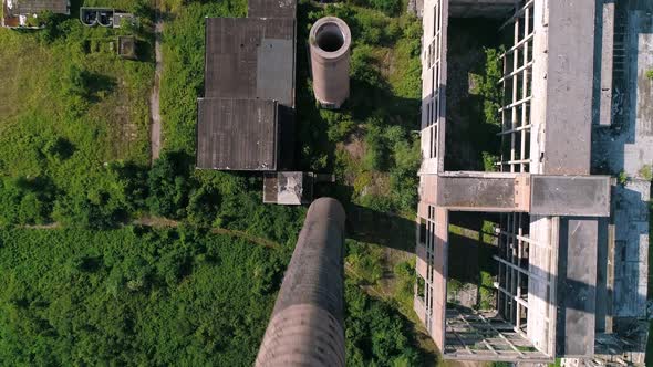 Abandoned Factory Viskoza Top Down Aerial Drone Shot Chimney And Halls