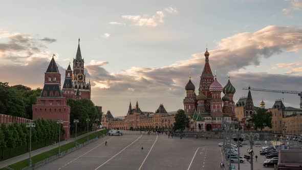 Evening view of St. Basil Cathedral and Spasskaya Tower on Red Square in Moscow