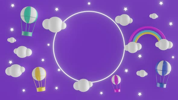 Cartoon purple background with clouds, rainbow and air balloons