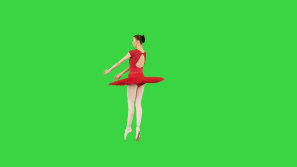 Young Ballerina in Red Classical Tutu Makes a Jump and Reverence on a Green Screen Chroma Key