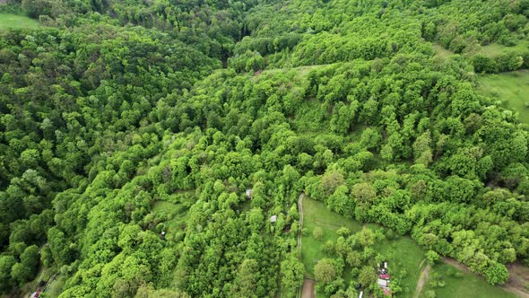Aerial view of an isolated settlement and forest on a high hill