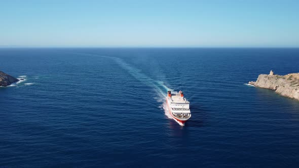 Ferry boat from  travelling to  port, sea view drone footage. alt