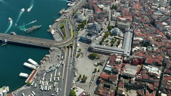Grand Bazaar in Istanbul Next To Bosphorus Bridge with Car Traffic and Mosque Under Construction alt