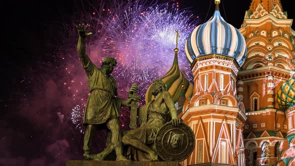 Celebratory colorful fireworks and Temple of Basil the Blessed,  Red Square, Moscow, Russia