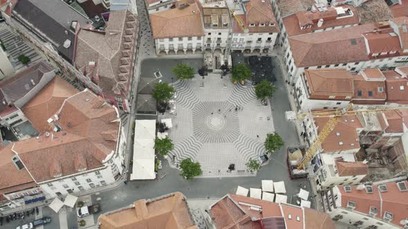 Leiria Town Square, Rodrigues Lobo. Beautiful Portuguese traditional  pavement Top Down aerial view