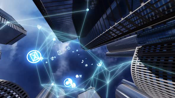 business center the camera slowly rises upwards in the space appear different icons alt