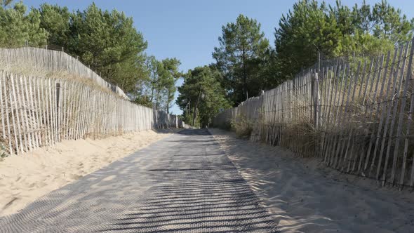 Walkway to the sea made of wooden planks slow tilt 4K 3840X2160 UltraHD footage - Border fence and p