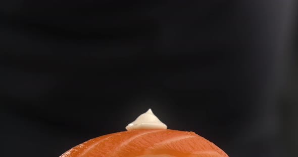 Chef Adds Caviar To the Sushi Roll with Salmon and Rice, Making the Nigiri in Slow Motion, Cooking alt