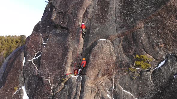 Two Climbers Climb the Wall at High Altitude