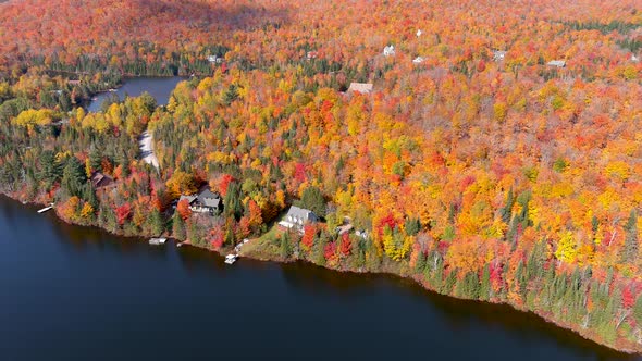 4K camera drone captures stunning autumn foliage colors and secluded lake houses.