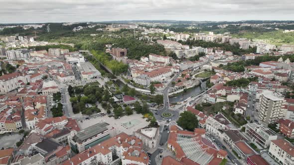 Leiria historical center and surrounding landscape in Portugal. Aerial panoramic view