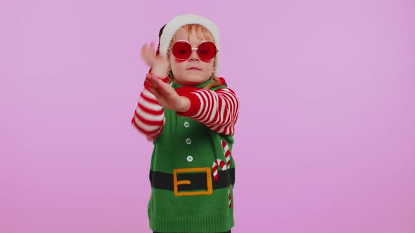 Girl Christmas Santa Claus Elf Listening Music Via Earphones Dancing Disco Fooling Around Having Fun alt